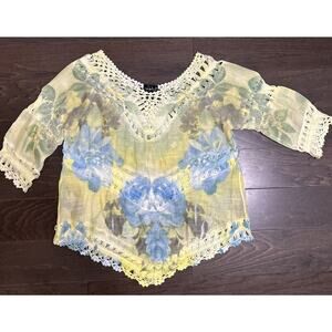 Step In Style Artsy Poncho Top Womens OS Sheer Crochet Trim Boho Coachella Green